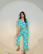 Turquoise Floral Printed Co-ord Set for Women – Crop Top & Pants