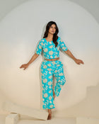 Turquoise Floral Printed Co-ord Set for Women – Crop Top & Pants