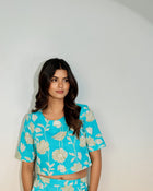 Turquoise Floral Printed Co-ord Set for Women – Crop Top & Pants