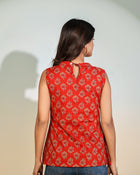 Aurelia Scarlet Peplum Top – Women’s Red Printed Sleeveless Ethnic Designer Top