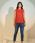 Aurelia Scarlet Peplum Top – Women’s Red Printed Sleeveless Ethnic Designer Top