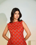 Aurelia Scarlet Peplum Top – Women’s Red Printed Sleeveless Ethnic Designer Top