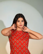 Aurelia Scarlet Peplum Top – Women’s Red Printed Sleeveless Ethnic Designer Top