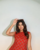Aurelia Scarlet Peplum Top – Women’s Red Printed Sleeveless Ethnic Designer Top