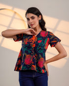 Midnight Bloom – Pure Cotton Floral Printed Top for Women