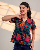 Midnight Bloom – Pure Cotton Floral Printed Top for Women
