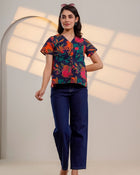 Midnight Bloom – Pure Cotton Floral Printed Top for Women