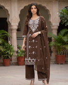 Cocoa Bloom – Brown Floral Embroidered Kurta Pant with Dupatta Set