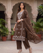 Cocoa Bloom – Brown Floral Embroidered Kurta Pant with Dupatta Set